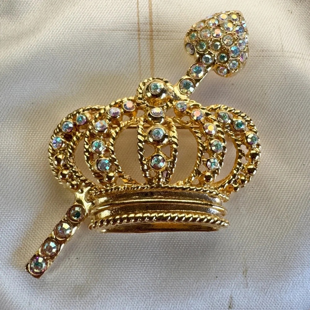 Vintage Gold Sparkly‎ Aurora Borealis Crown Pin Brooch, Princess, Queen, Sparkly
